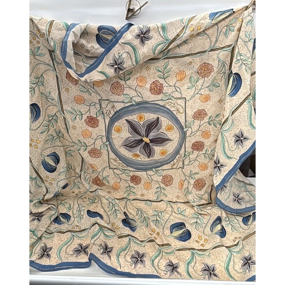 The Morgan Library 100% Silk Scarf Arts and Crafts Floral Blue Cream Square